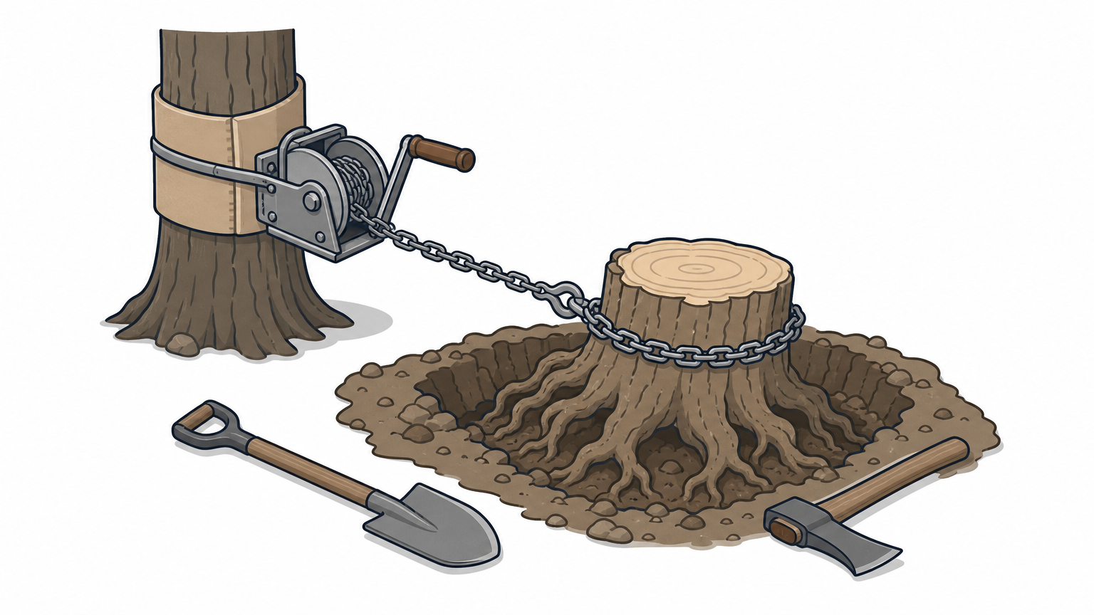 Hand winch and chain attached to a large stump partly dug out of the ground.