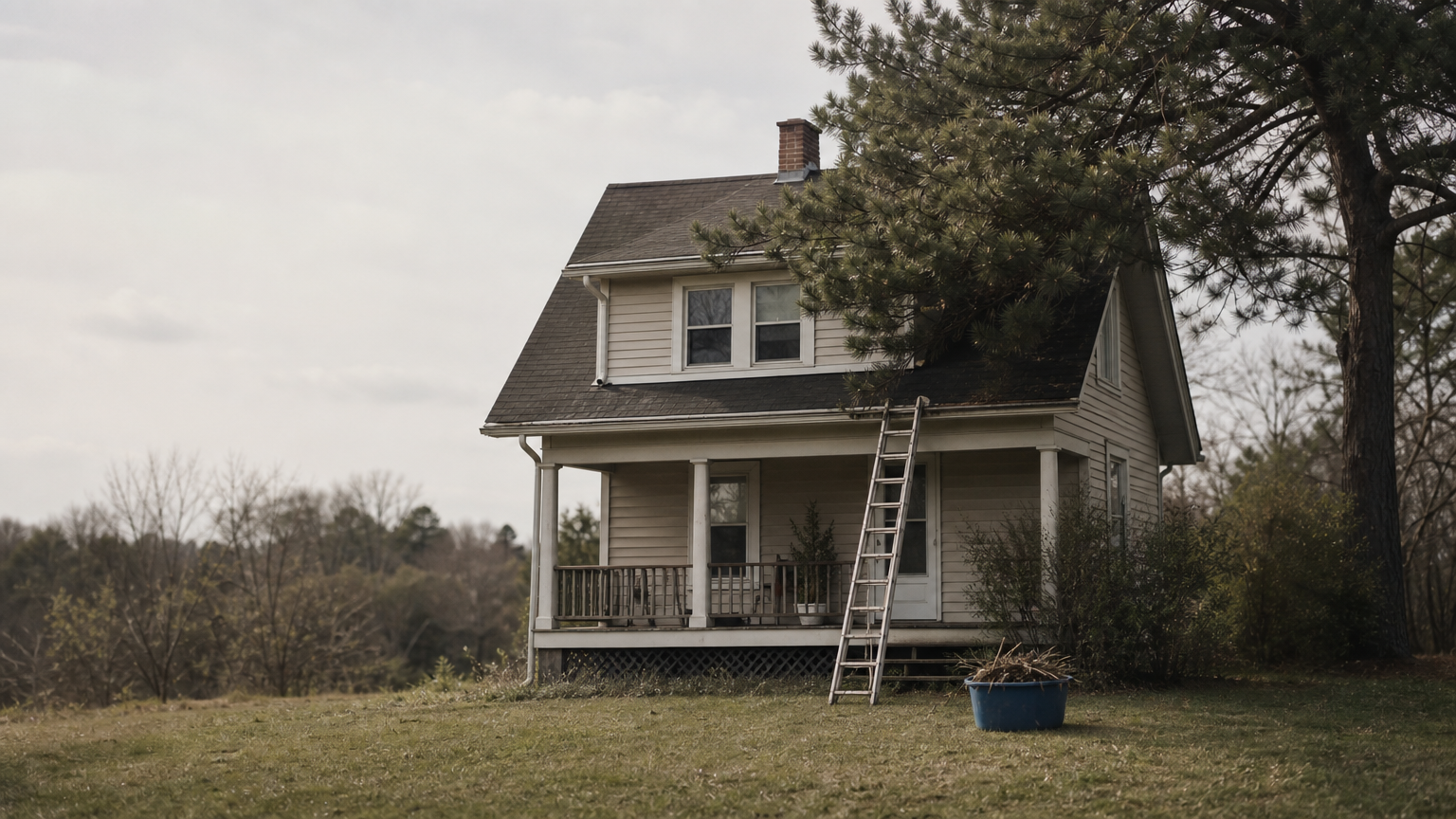 Two-story house with a ladder at the gutter, an overhanging pine tree, and a debris bucket below.