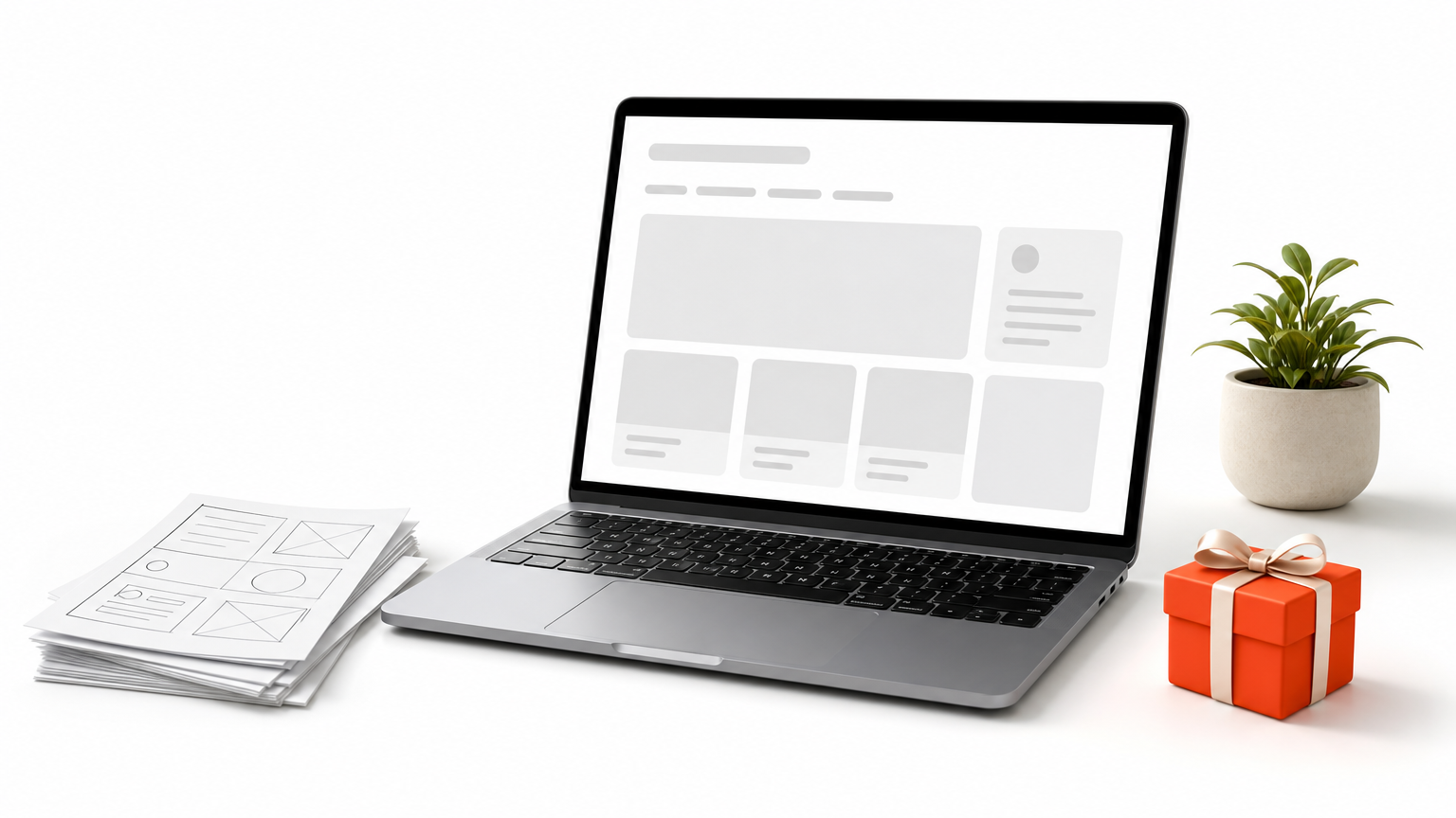A laptop displaying a page layout beside paper wireframe sketches and a small gift box on a desk.