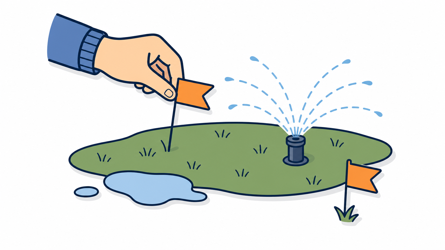 A hand placing an orange pin flag in grass beside a spraying sprinkler head and a puddle.