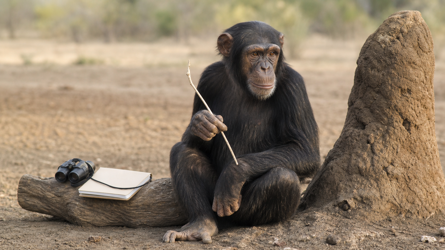 A chimpanzee holds a stripped twig at a termite mound beside a notebook and binoculars.