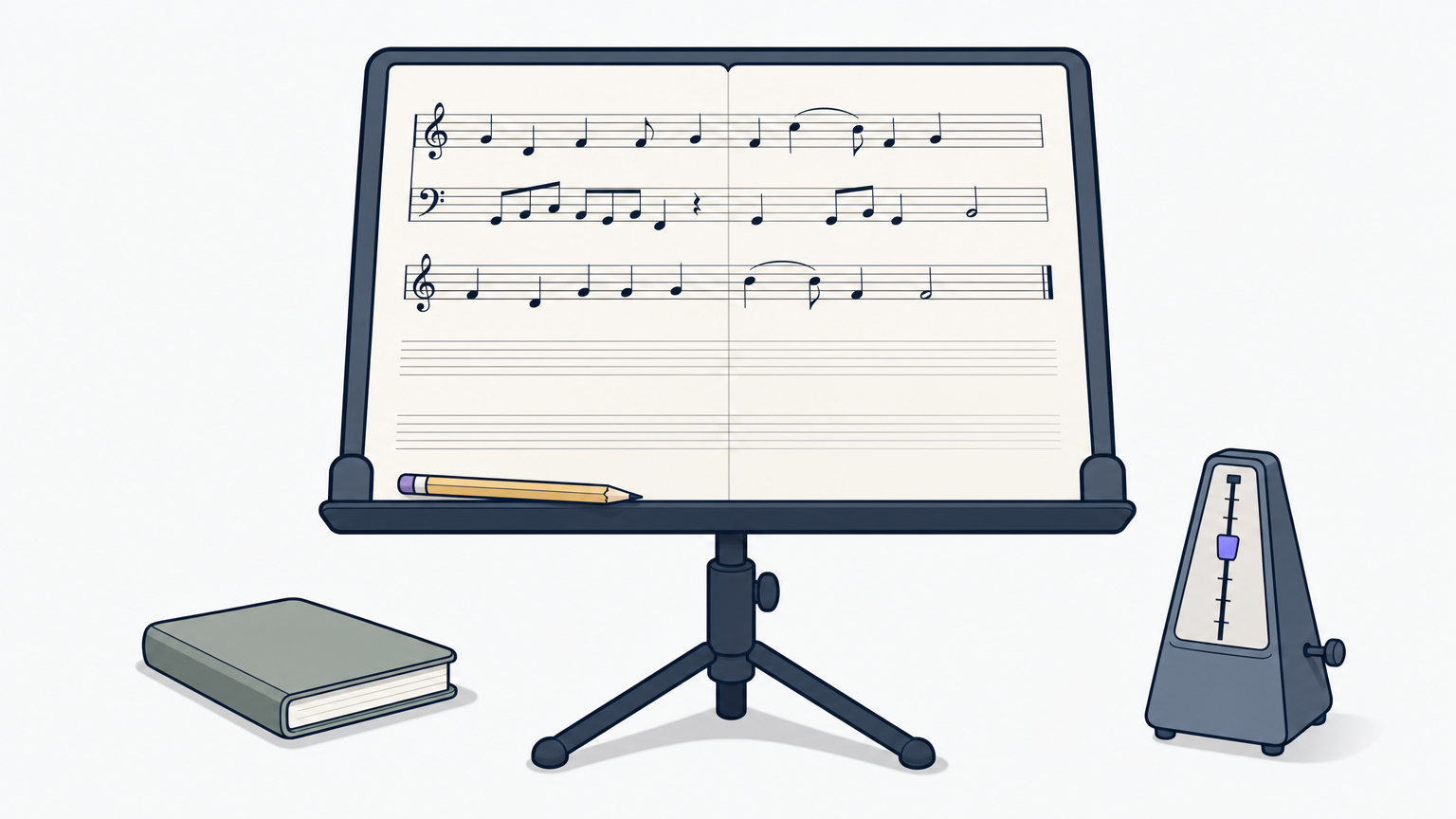 Sheet music on a stand with the final bars fading into empty staff lines.