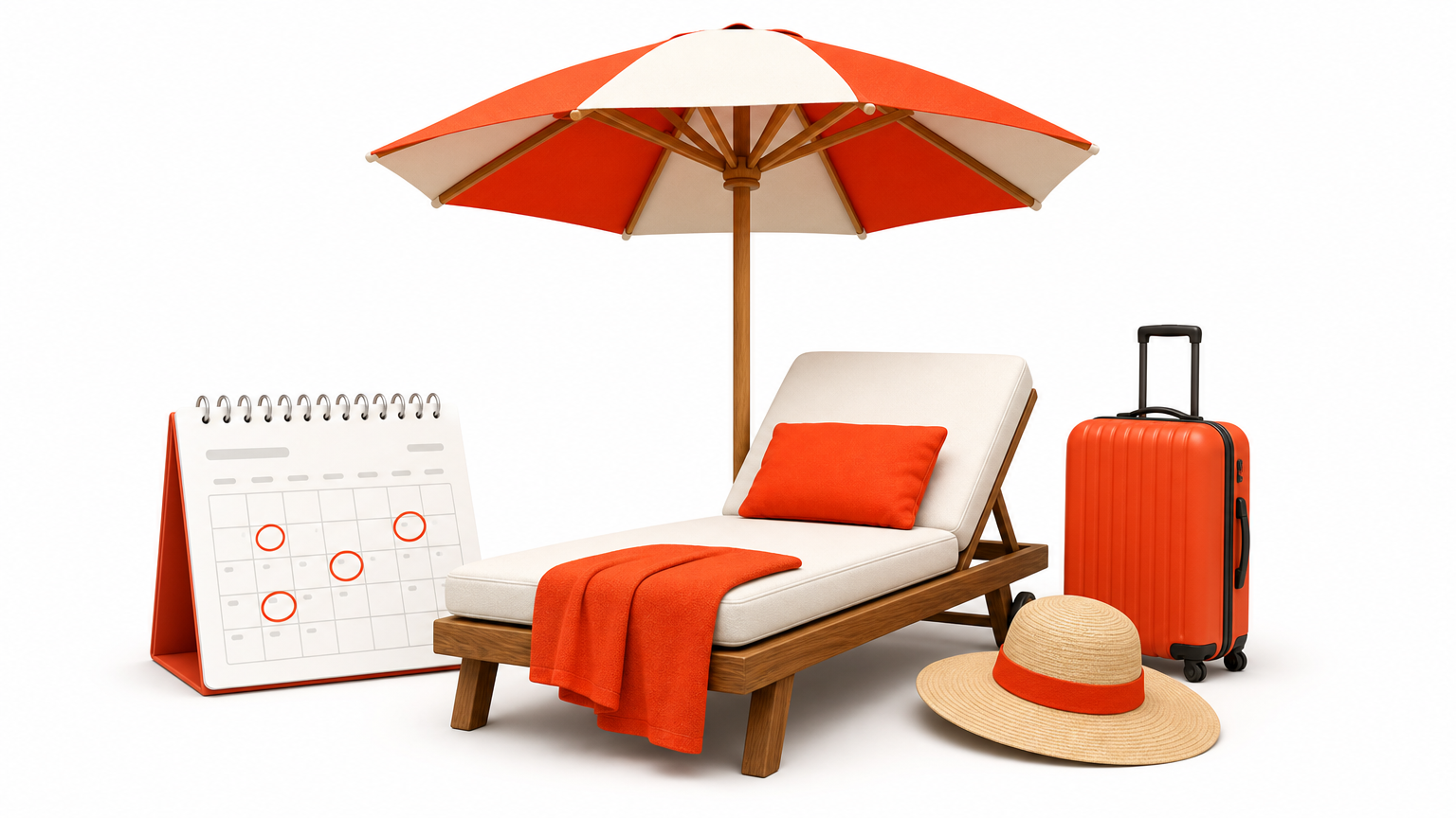 A poolside lounge chair under an umbrella with a circled-date calendar, suitcase, and sun hat nearby.