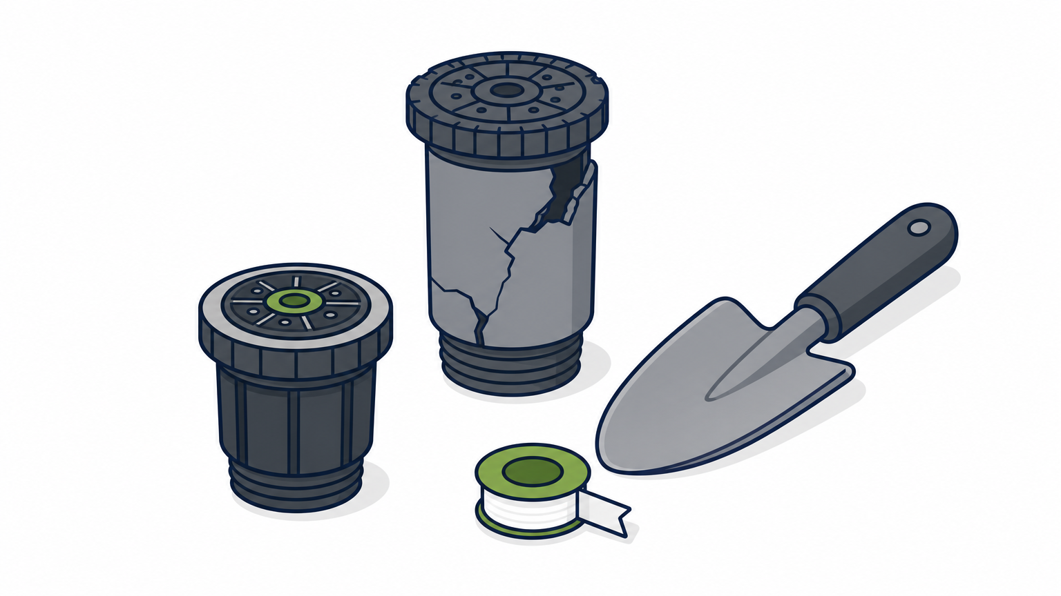 A cracked sprinkler head by a dug hole with a new head, thread tape, and shovel.