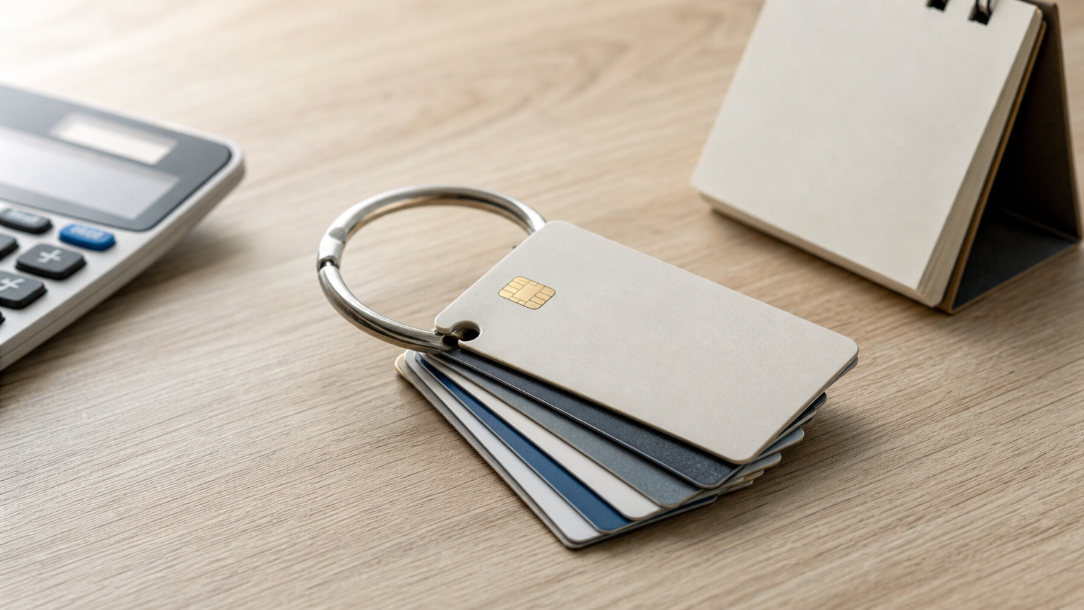 Several credit cards gathered on one key ring next to a calculator and calendar.