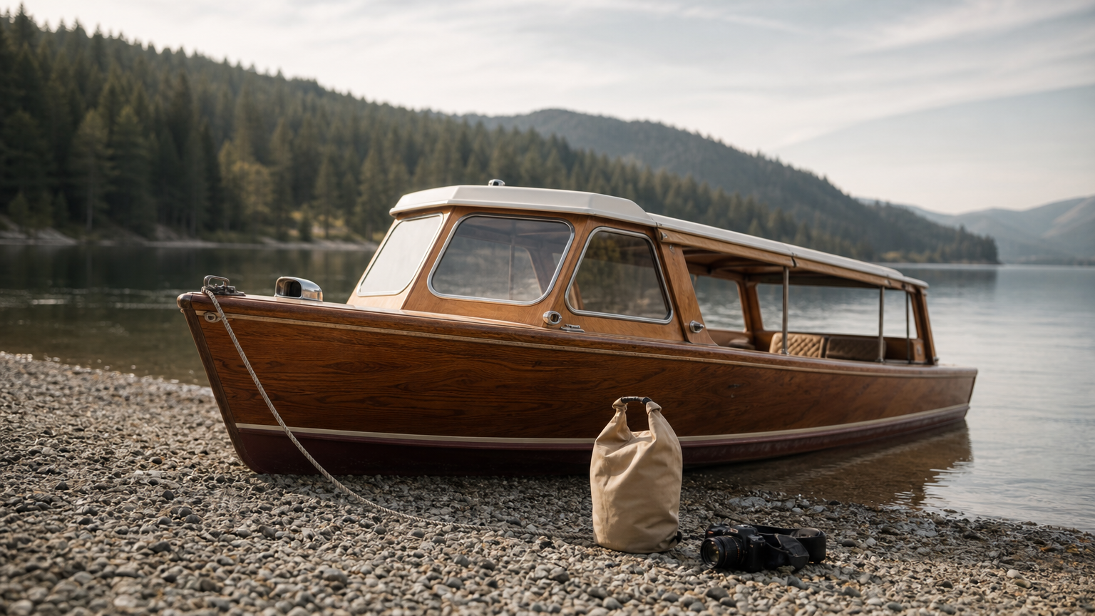 A wooden boat rests on a pebble lake beach with a dry bag and camera nearby.