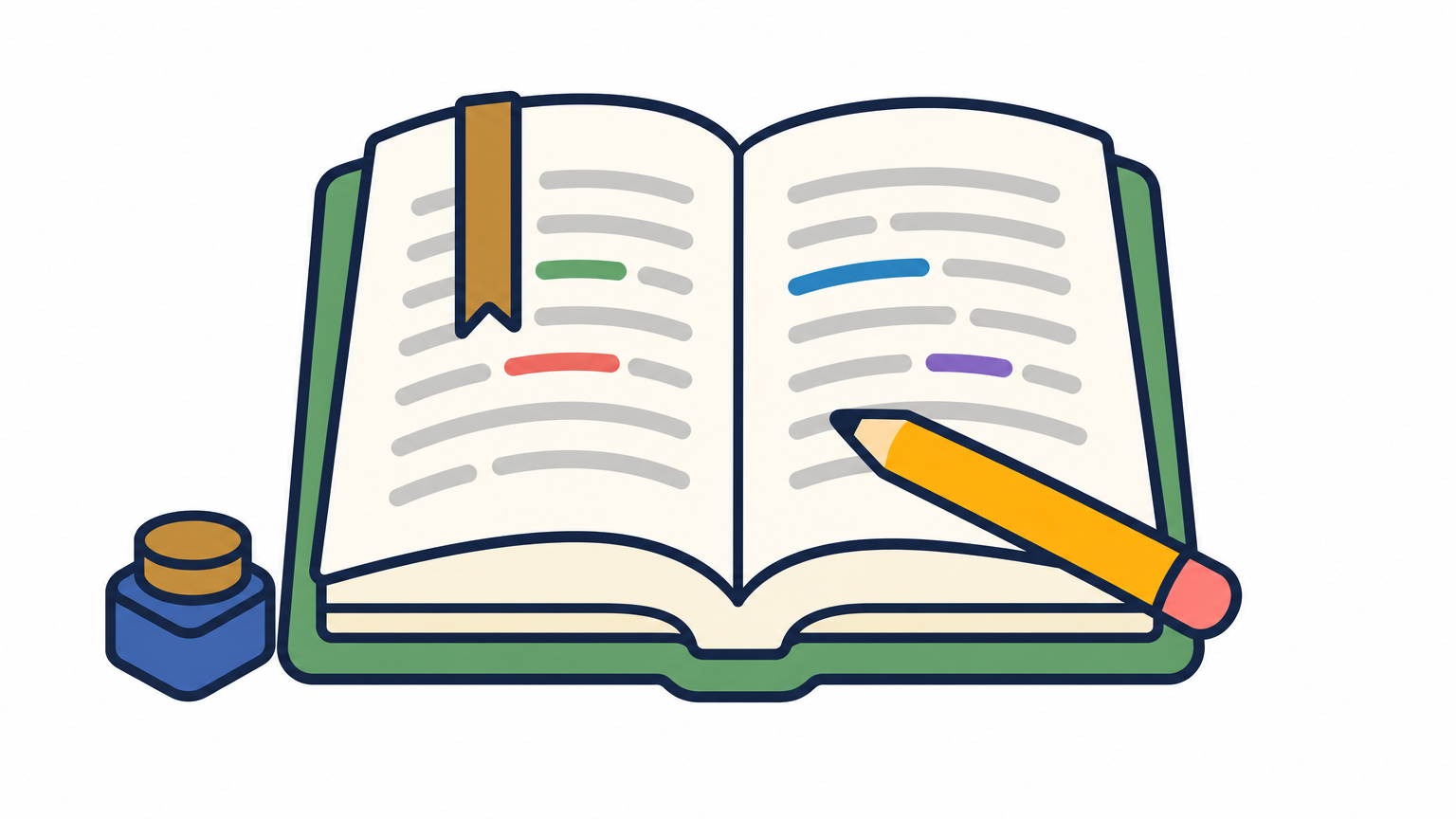 An open Quran with colored words, a ribbon bookmark on the legend page, and a pencil.
