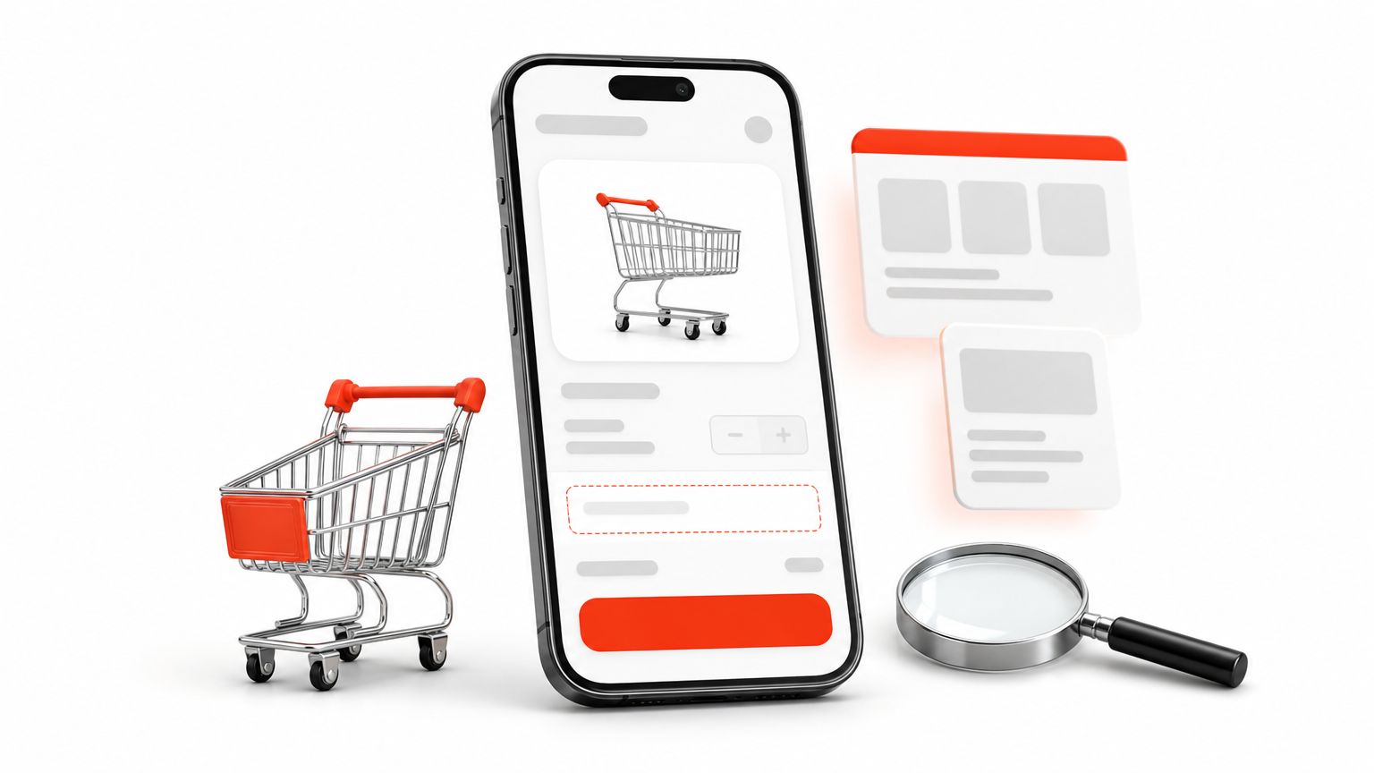A smartphone with a shopping cart screen beside a toy cart and a magnifying glass.