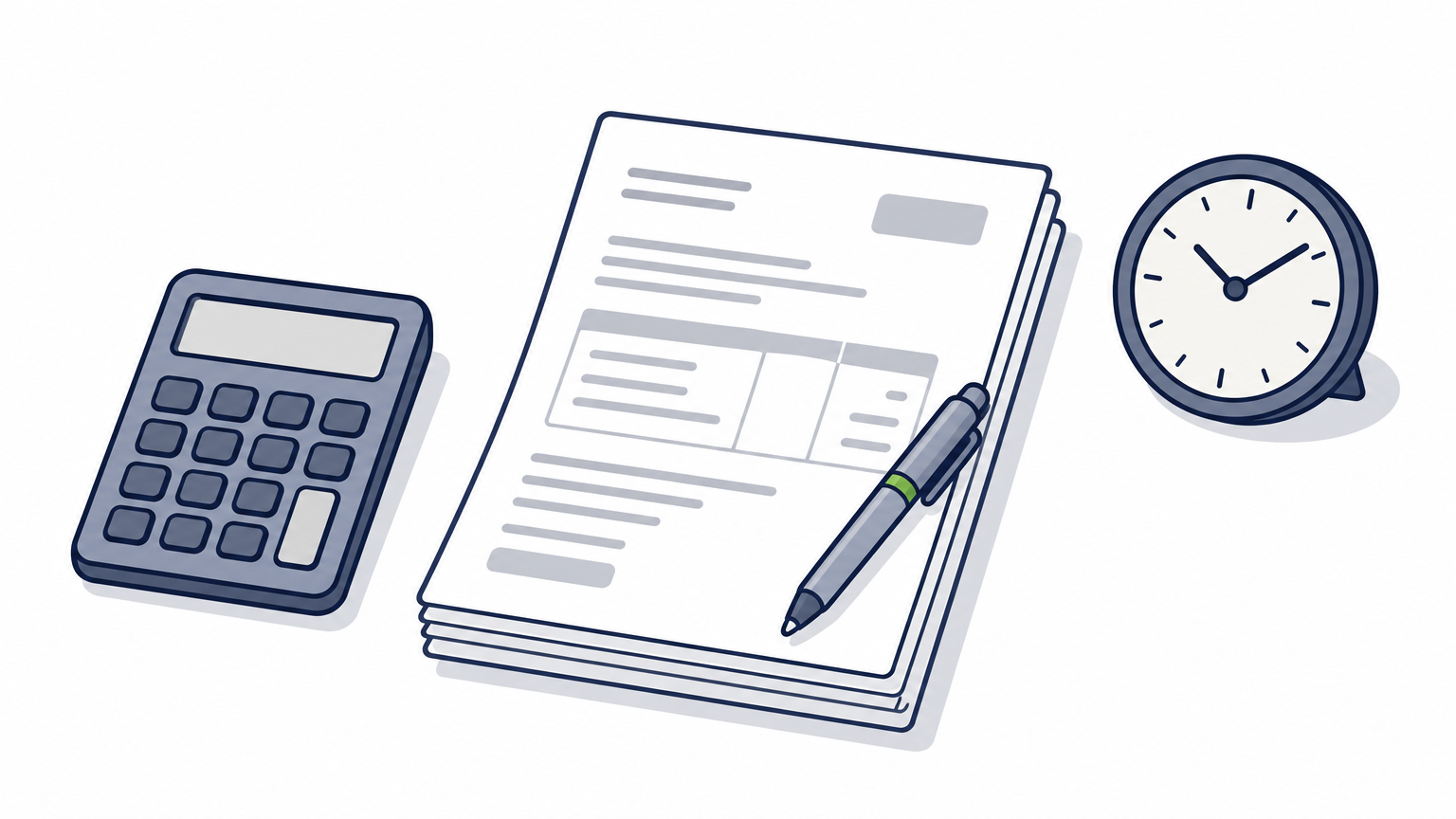 A calculator, stack of invoices, small clock, and pen arranged on a desk.