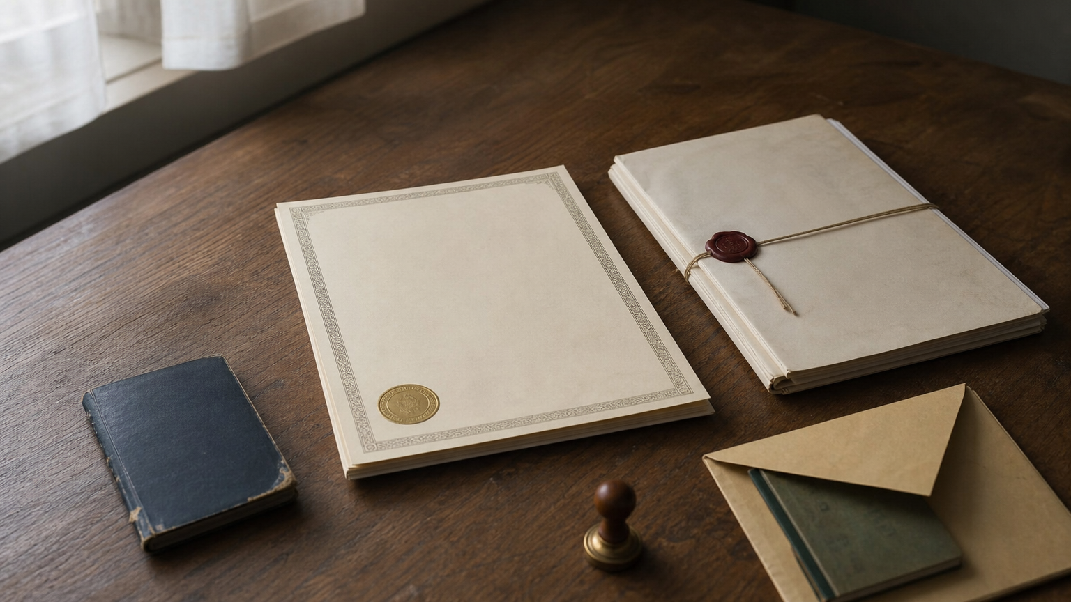 Desk holding a certificate, a court decree, a passport, and a folder of marriage papers.