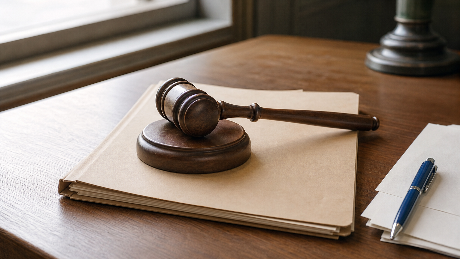 A gavel on a closed folder beside paper forms and a pen.