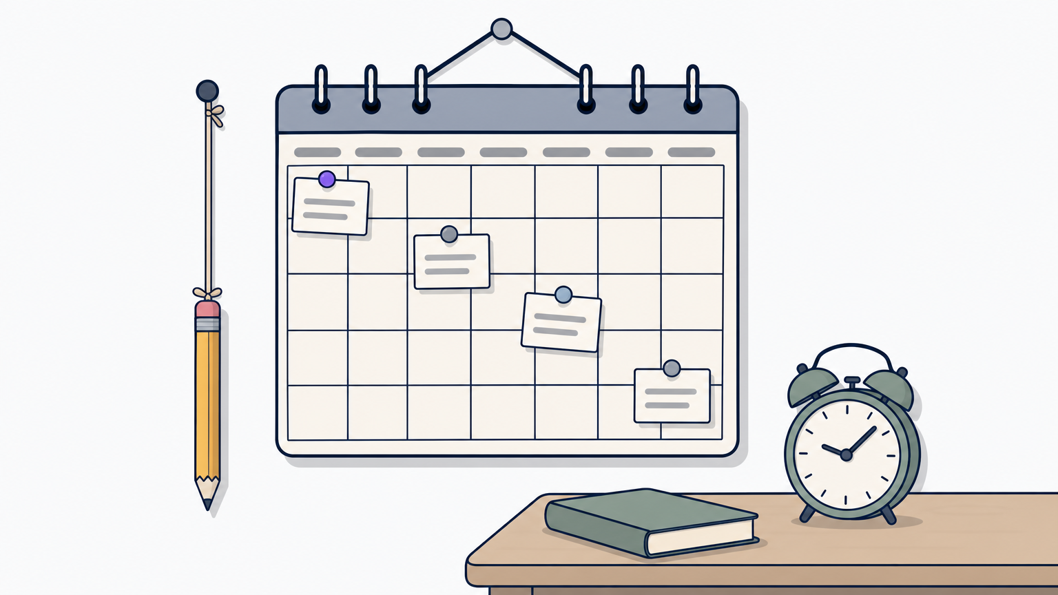 Wall calendar with index cards pinned at increasingly wide intervals, next to an alarm clock.