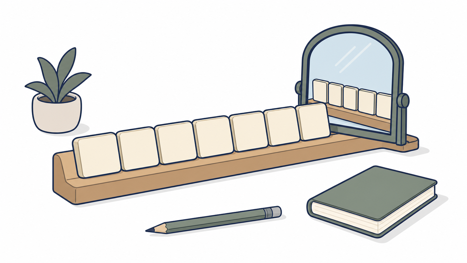 Letter tiles in a row on a tray with a mirror reflecting them reversed.