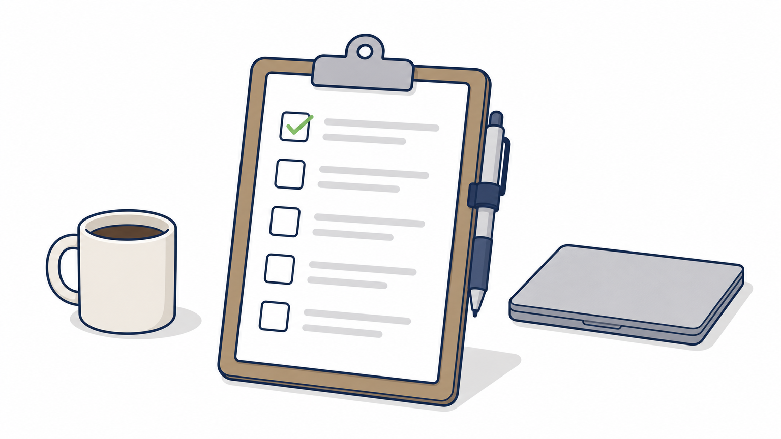 A clipboard holding a checklist page next to a coffee mug and closed laptop.