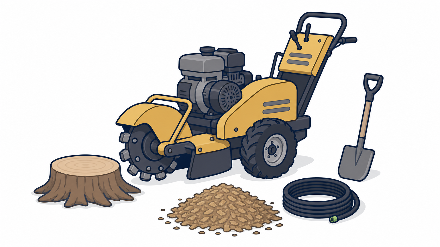 A stump grinder next to a cut stump with wood chips and a shovel.