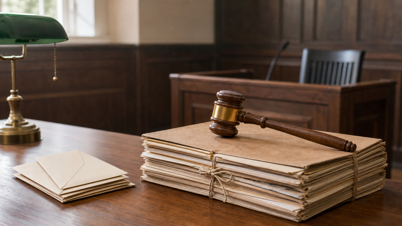 Judge's gavel on a case file with summons envelopes near an empty witness stand.
