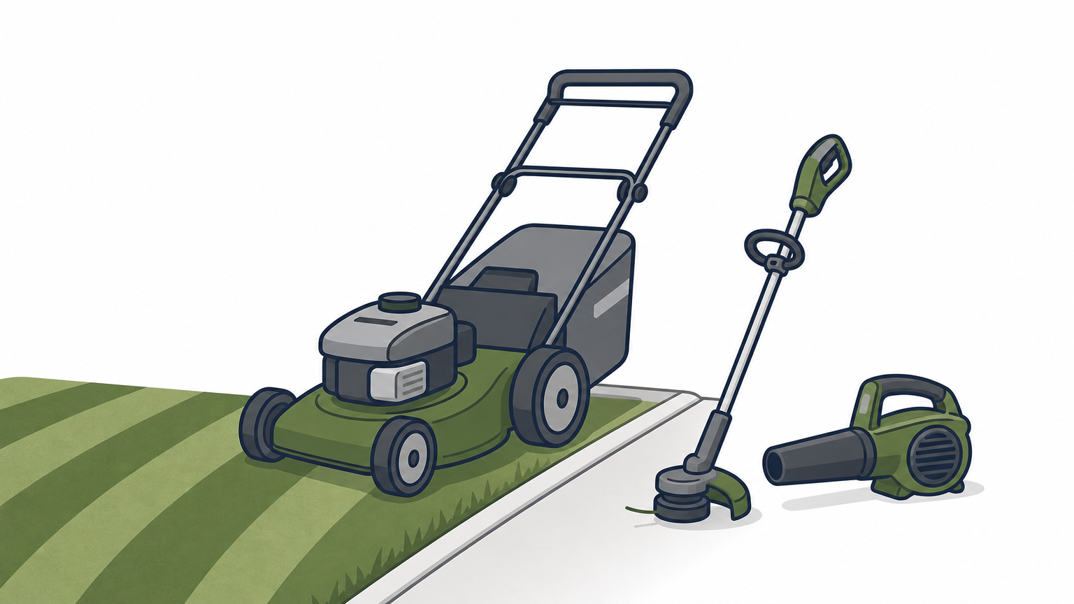 A mower on a freshly striped lawn with a trimmer and leaf blower near the driveway.