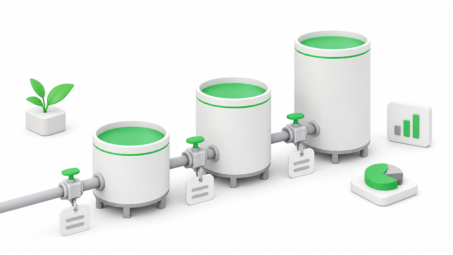 Three connected tanks of increasing height joined by pipes with checkpoint gates and tags.