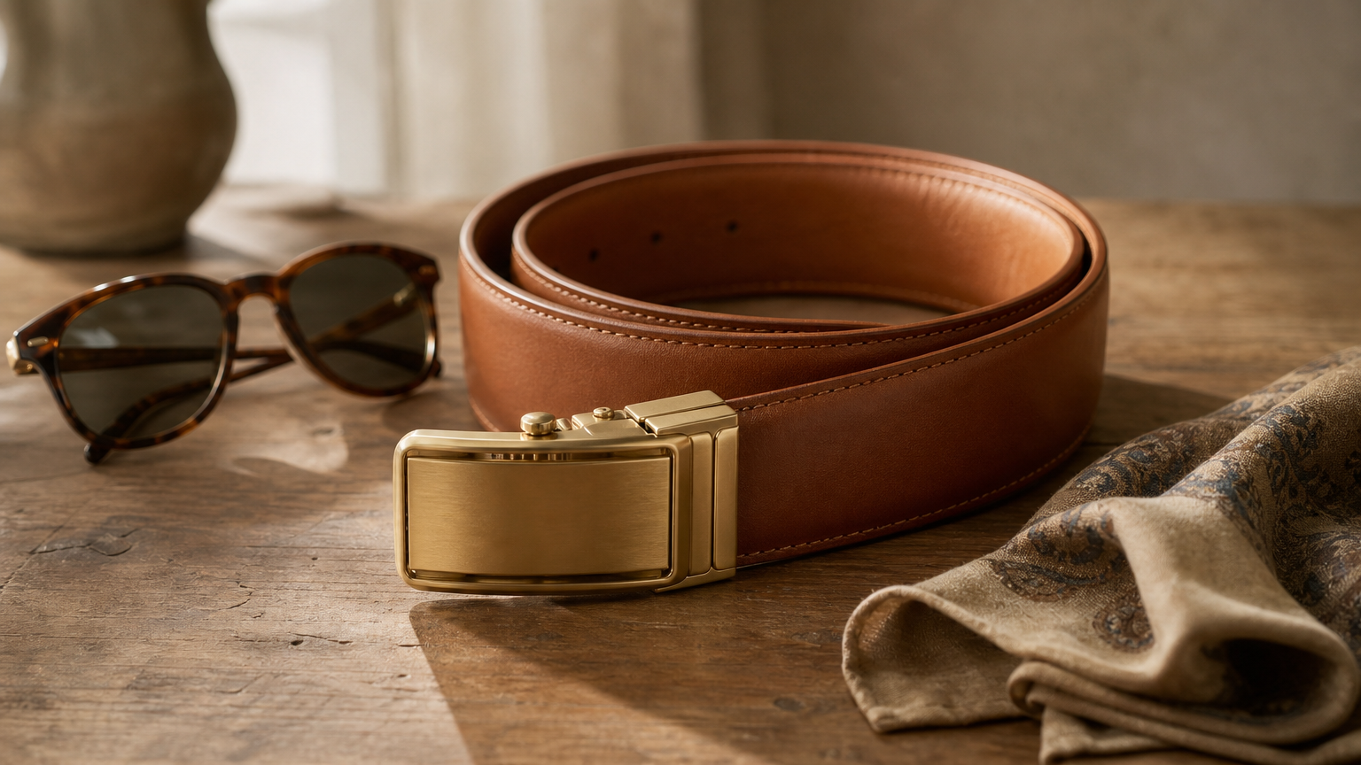 Ceinture large en cuir cognac enroulée avec boucle dorée, posée près de lunettes et d'un foulard.