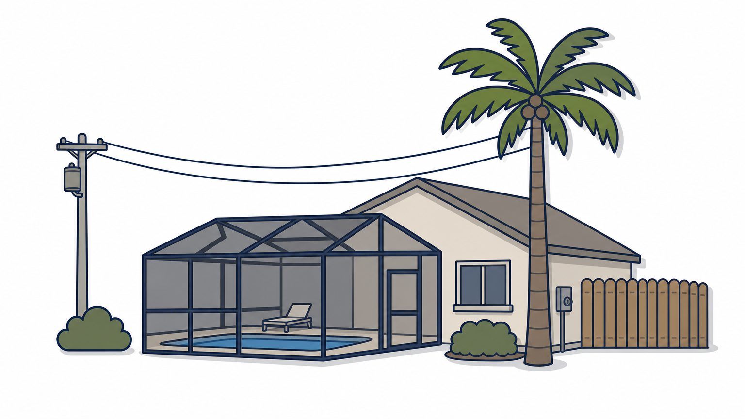 A tall palm beside a house, pool cage, fence, and overhead power lines.