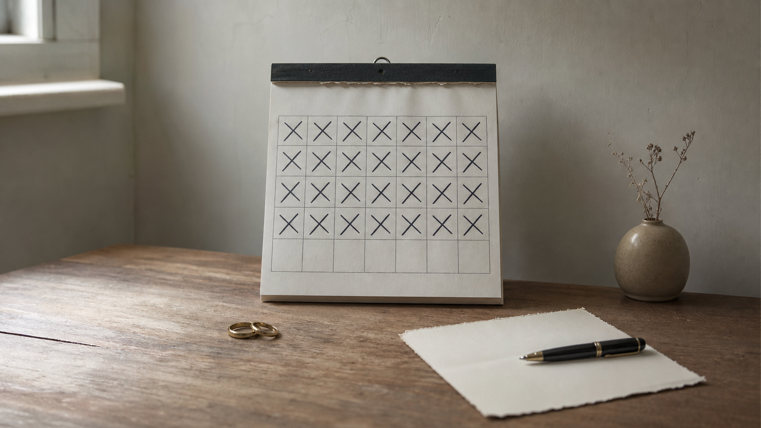 Wedding rings on a table beside a calendar with crossed-off days and a handwritten letter.