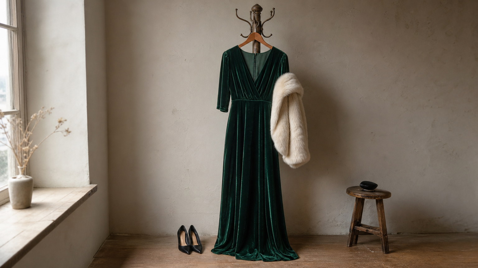 winter outfits for wedding with emerald velvet maxi dress and faux fur wrap