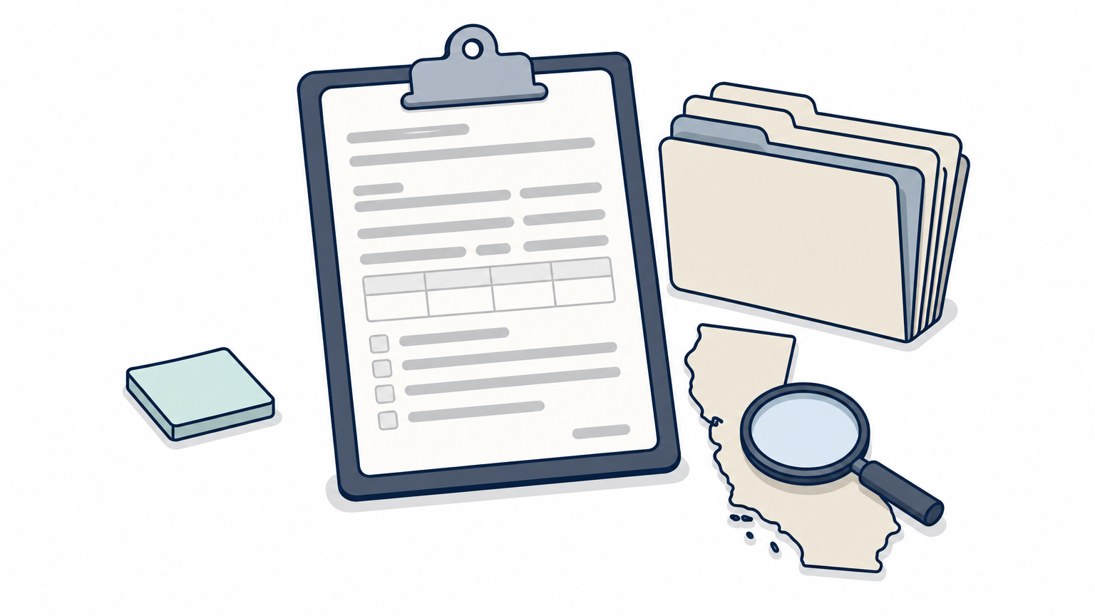 A clipboard with a claim form, folders, and magnifying glass over a California map on a desk.