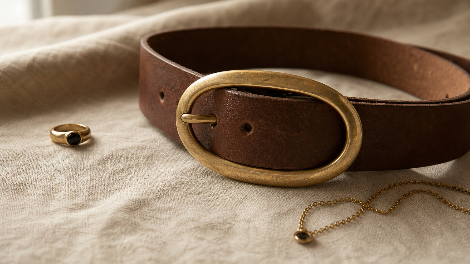 Gros plan d'une boucle ovale dorée sur ceinture marron, posée sur du lin avec des bijoux.