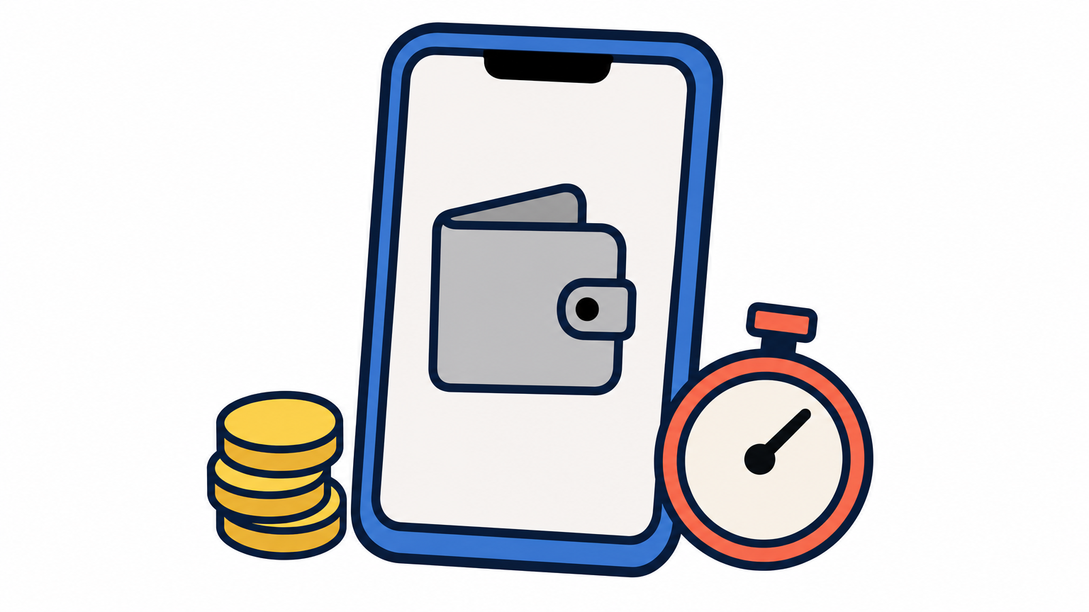 Smartphone with a wallet screen next to a stack of coins and a stopwatch.