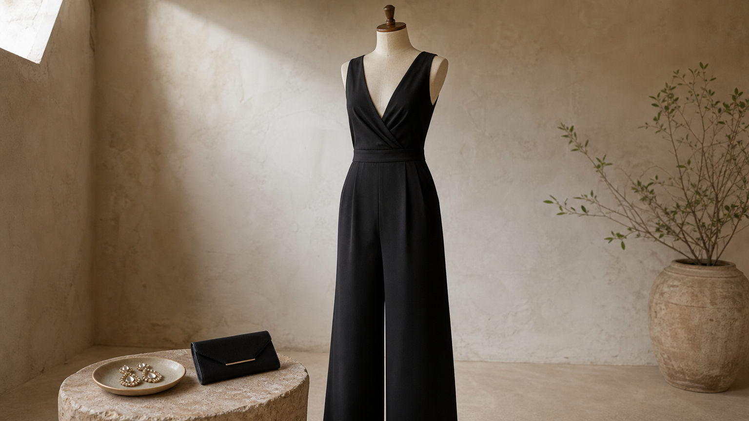 Black wide-leg jumpsuit on a dress form beside oversized gold earrings and a slim clutch.