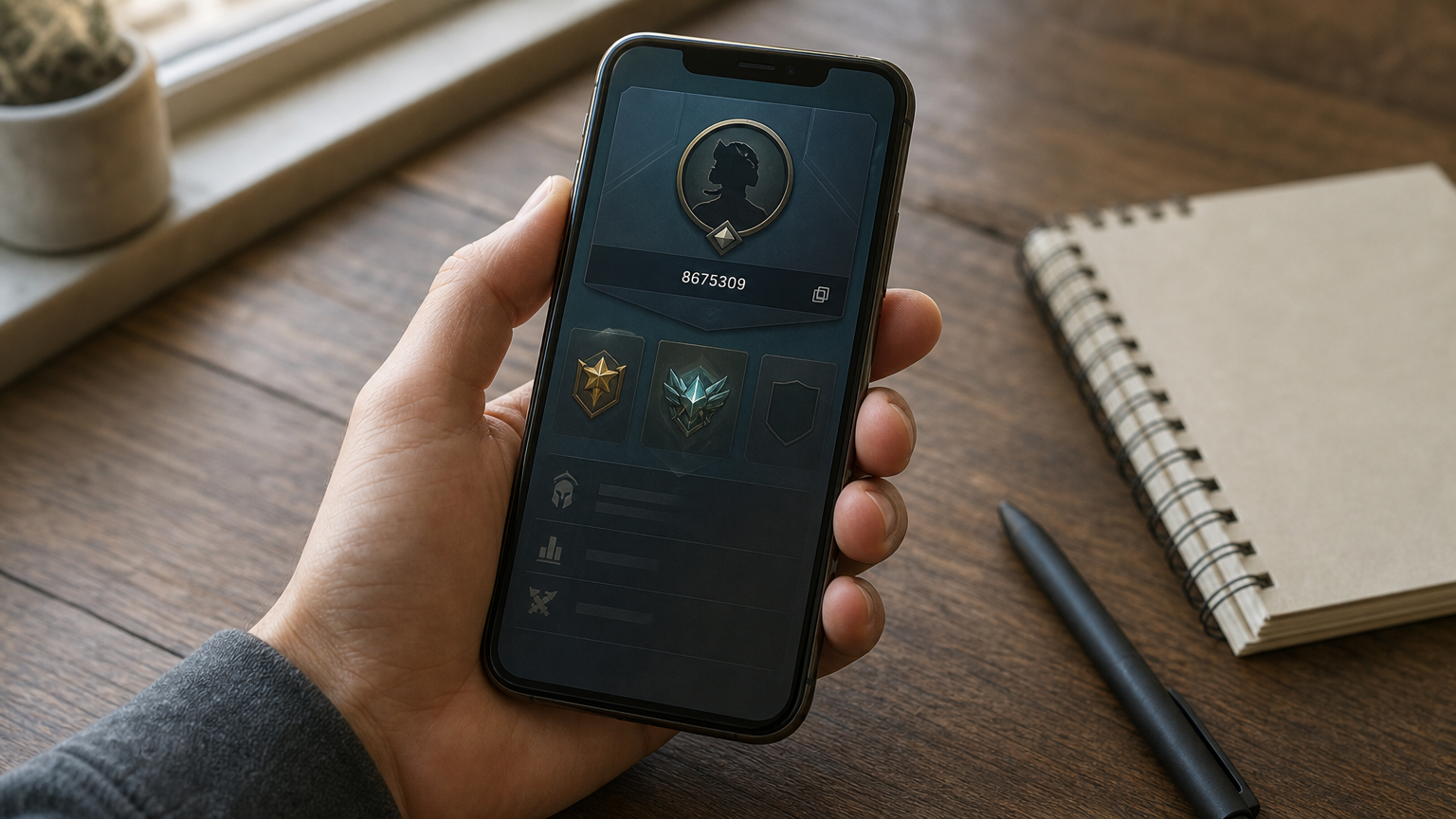 A hand holding a phone with a game profile screen and a notepad beside it.
