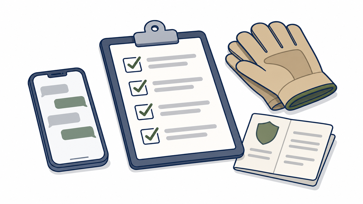 A clipboard checklist, phone, and insurance paper resting on a porch step next to gloves.