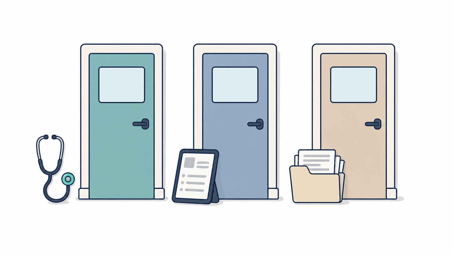 Three clinic doors in a row, each beside a stethoscope, a tablet, or a folder.
