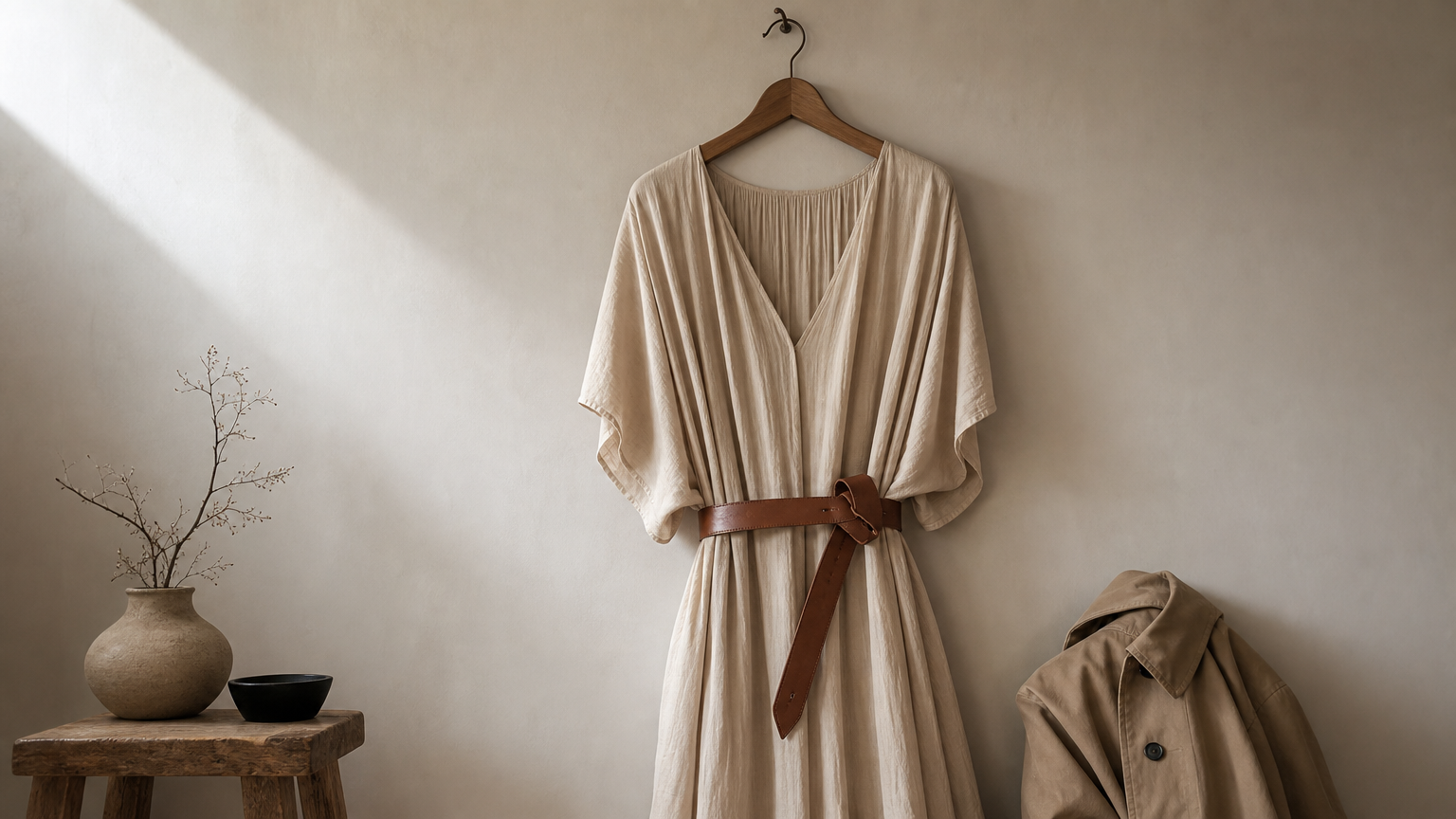 Ceinture en cuir marron nouée sur une robe fluide beige, avec un trench plié à côté.
