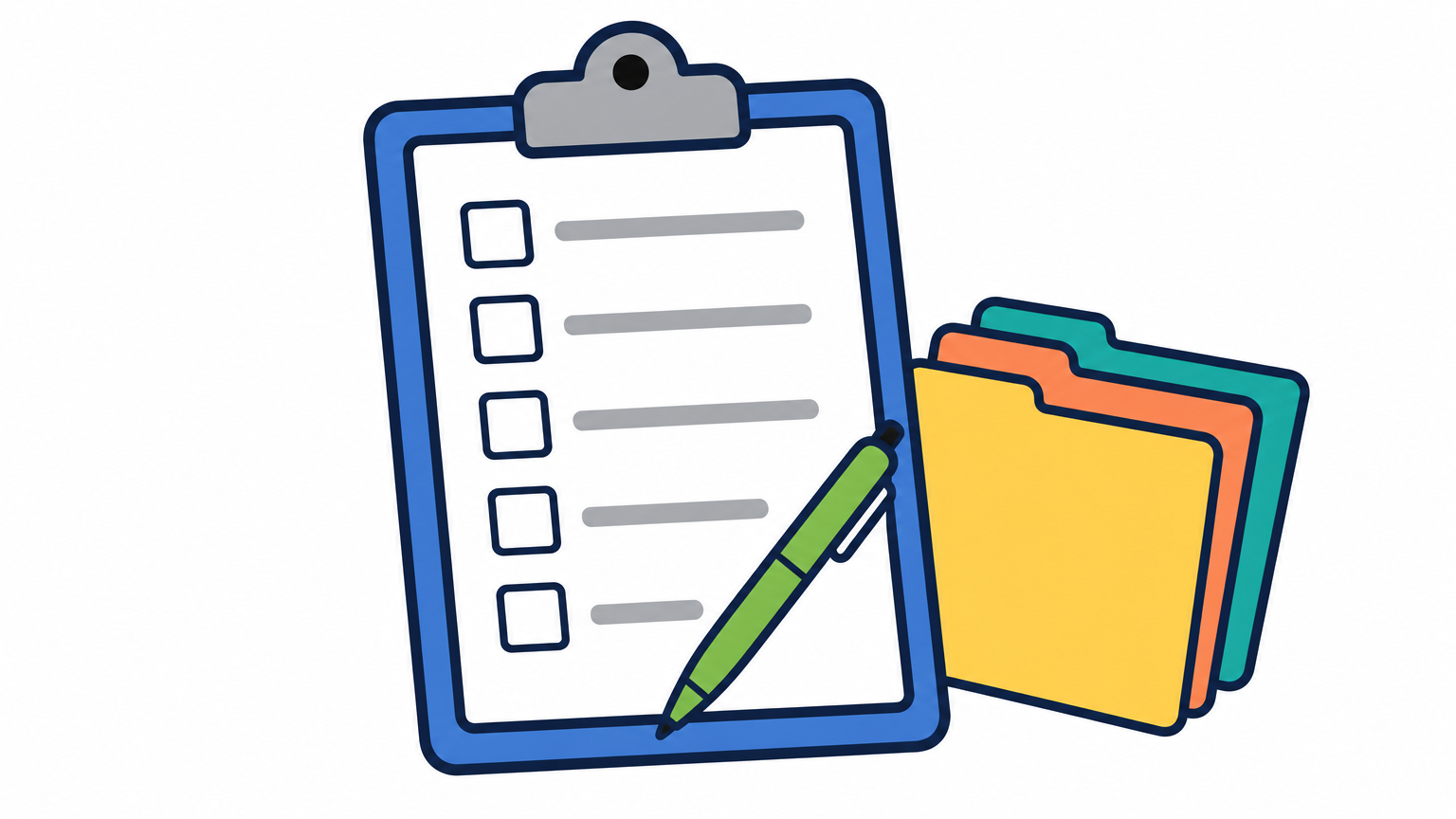 Clipboard with a five-item checklist, a pen, and stacked vendor folders on a desk.