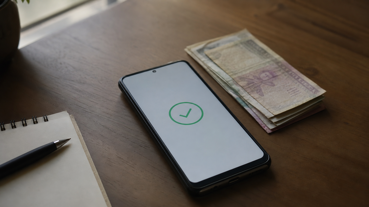 A phone showing a payment confirmation next to banknotes and a handwritten transaction note.
