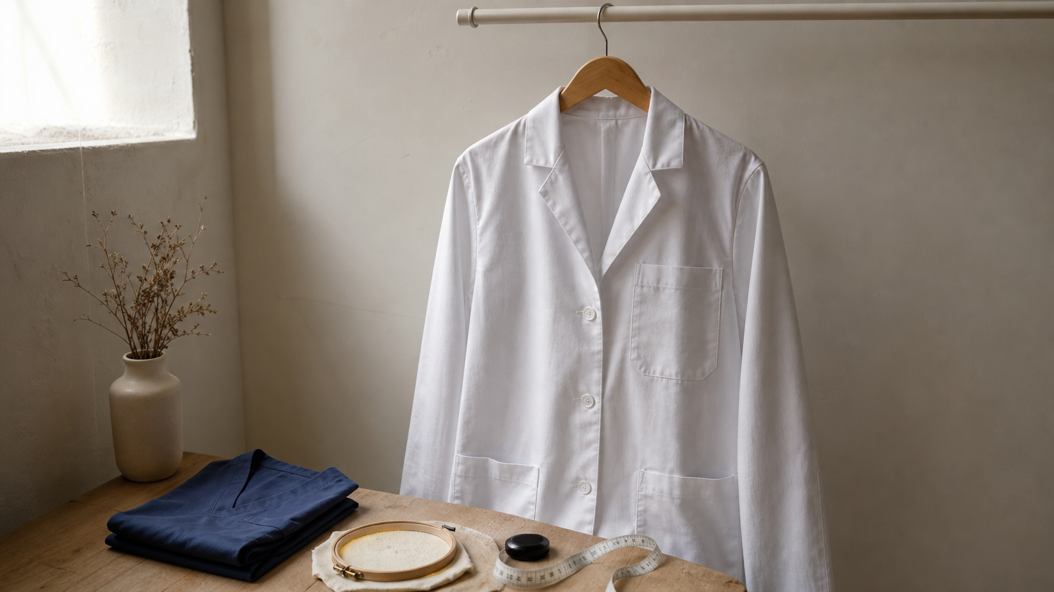 A white lab coat on a hanger beside folded scrubs, an embroidery hoop, and a tape measure.