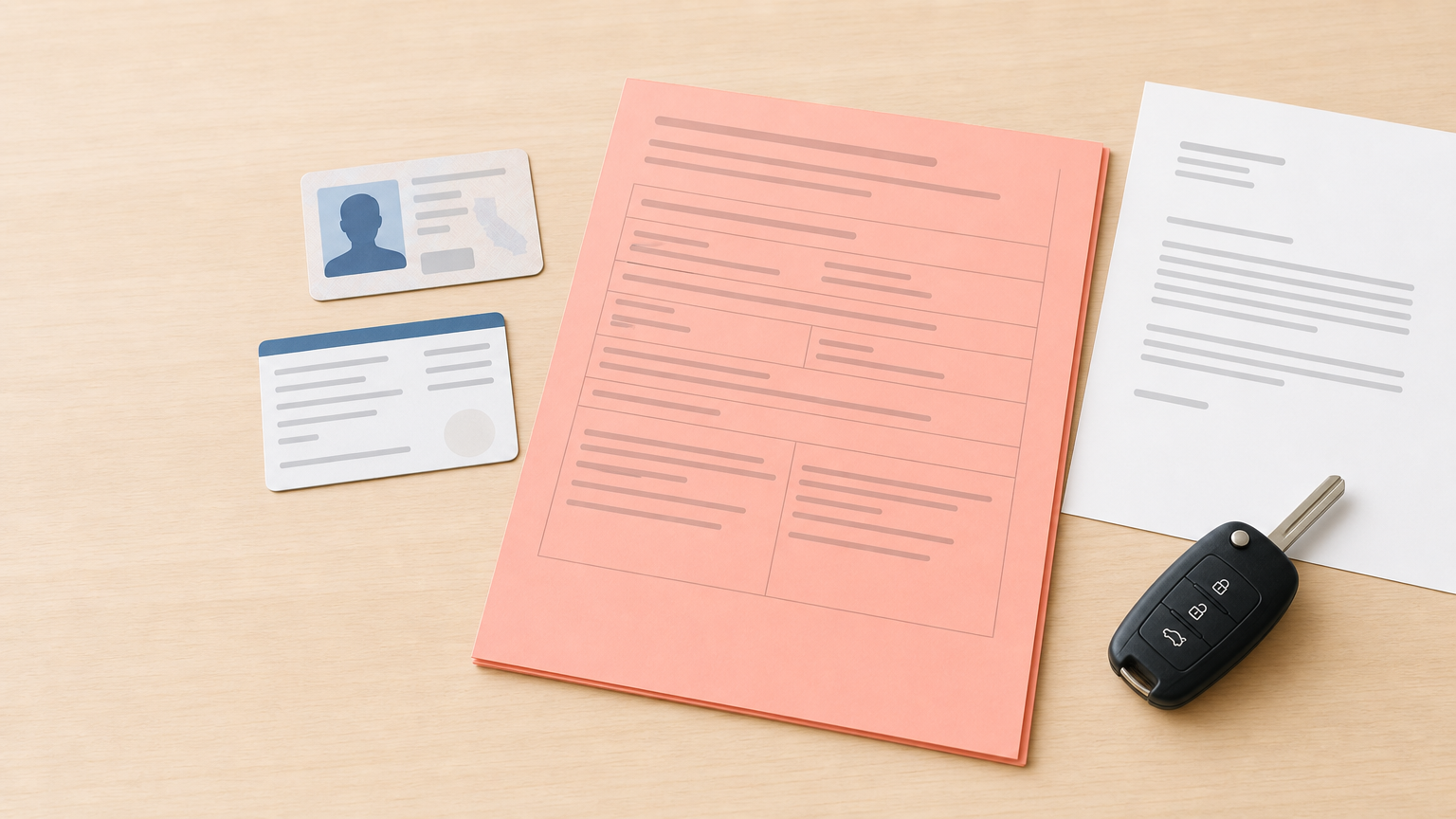 Vehicle title, license, registration, payoff letter, and car key laid out on a desk.
