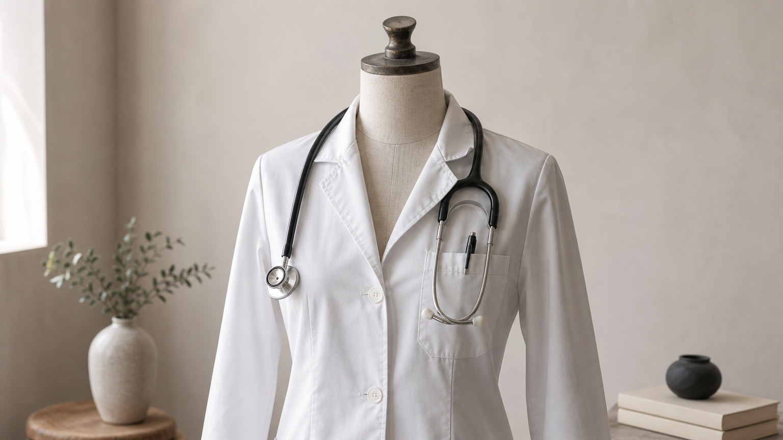 A fitted white lab coat on a dress form with a stethoscope and pen.