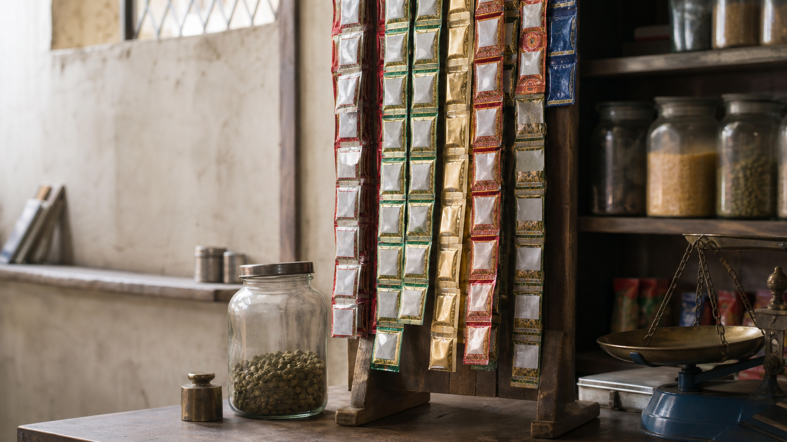 Kirana shop counter with hanging pan masala sachets, a jar of cardamom and a brass scale.