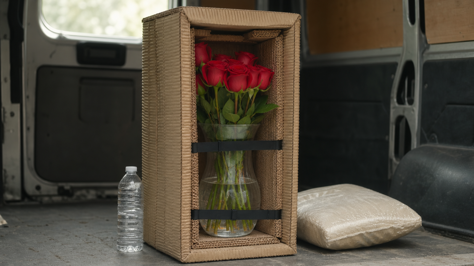 A vase of red roses secured upright in a padded crate inside a delivery van.