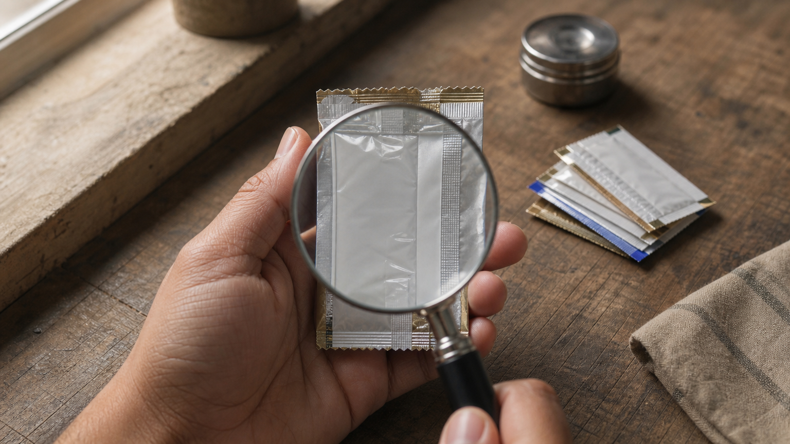 Hand holding a sachet with a magnifying glass over the back panel beside other sachets.
