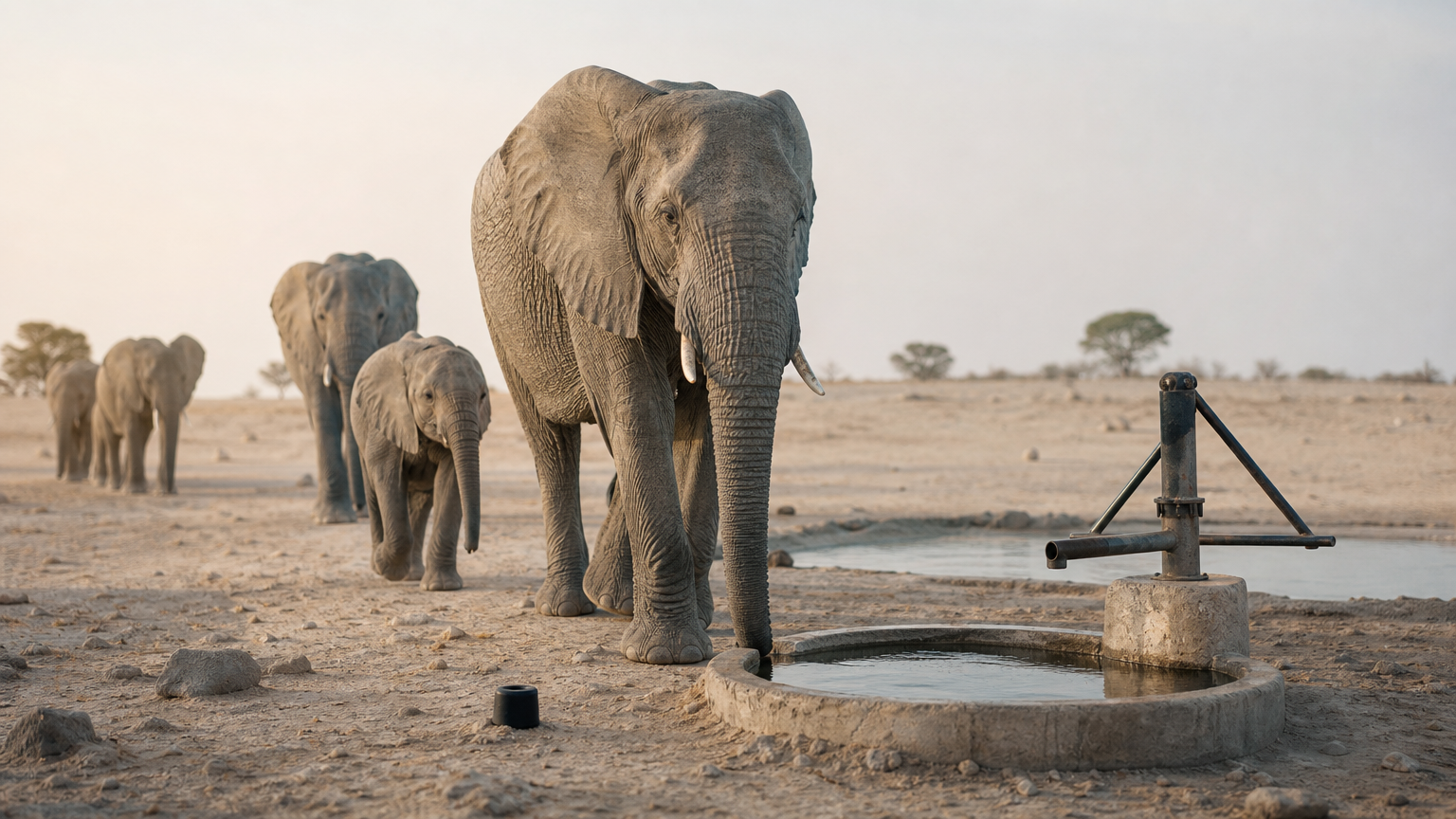Where Is Hwange National Park? Location, Size, and Wildlife Elephants approach a waterhole with a pump on pale sandy ground.