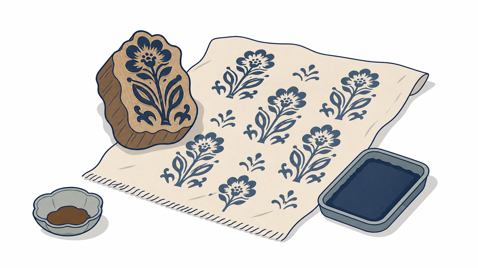 A carved wooden block and dye tray beside linen cloth stamped with a floral repeat.
