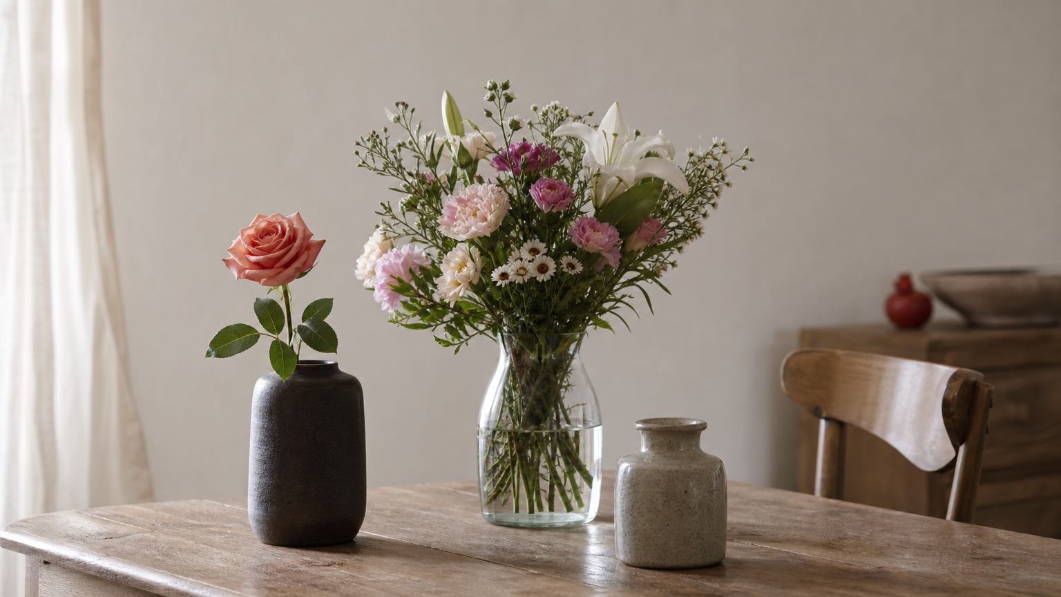 Three different flower vases lined up on a wooden table.