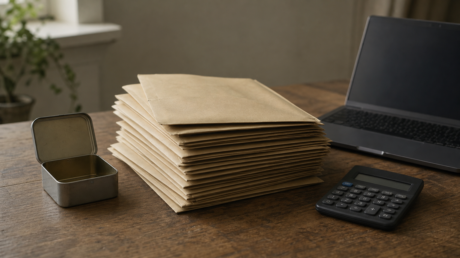 Stack of unopened invoices beside a calculator and an empty cash tin next to a dark laptop.