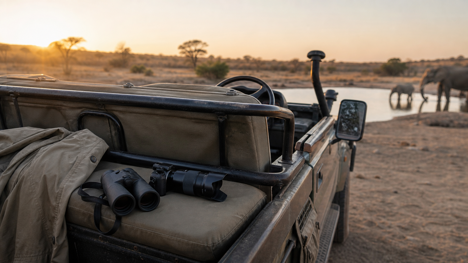Where Is Hwange National Park? Location, Size, and Wildlife An open safari vehicle parked near a waterhole where elephants drink.