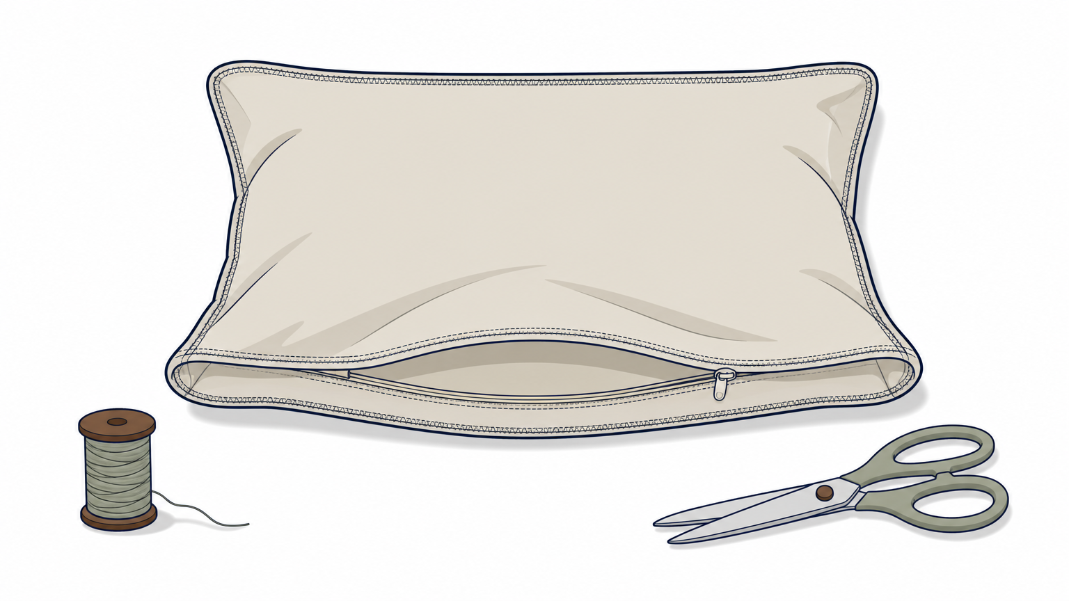An inside-out pillow cover showing a hidden bottom zipper and neatly finished seams beside thread and scissors.