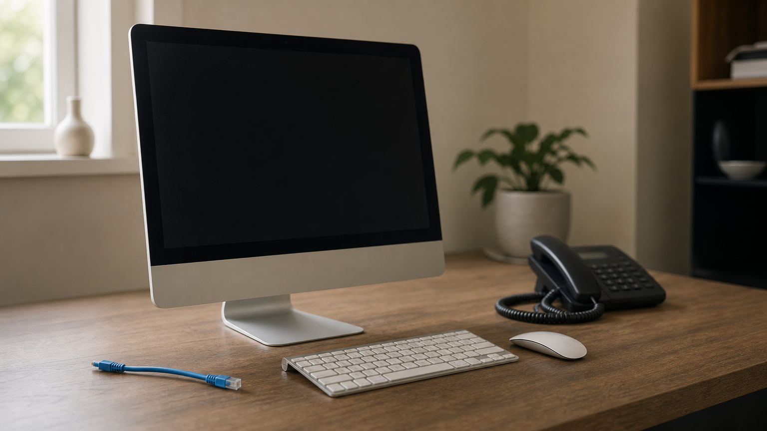 Powered-on computer with its network cable unplugged beside a corded telephone handset.