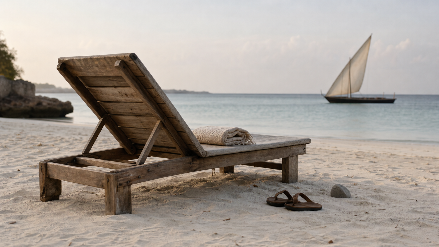 Beach lounger with towel and sandals on white sand, with a traditional dhow sailing in the distance.